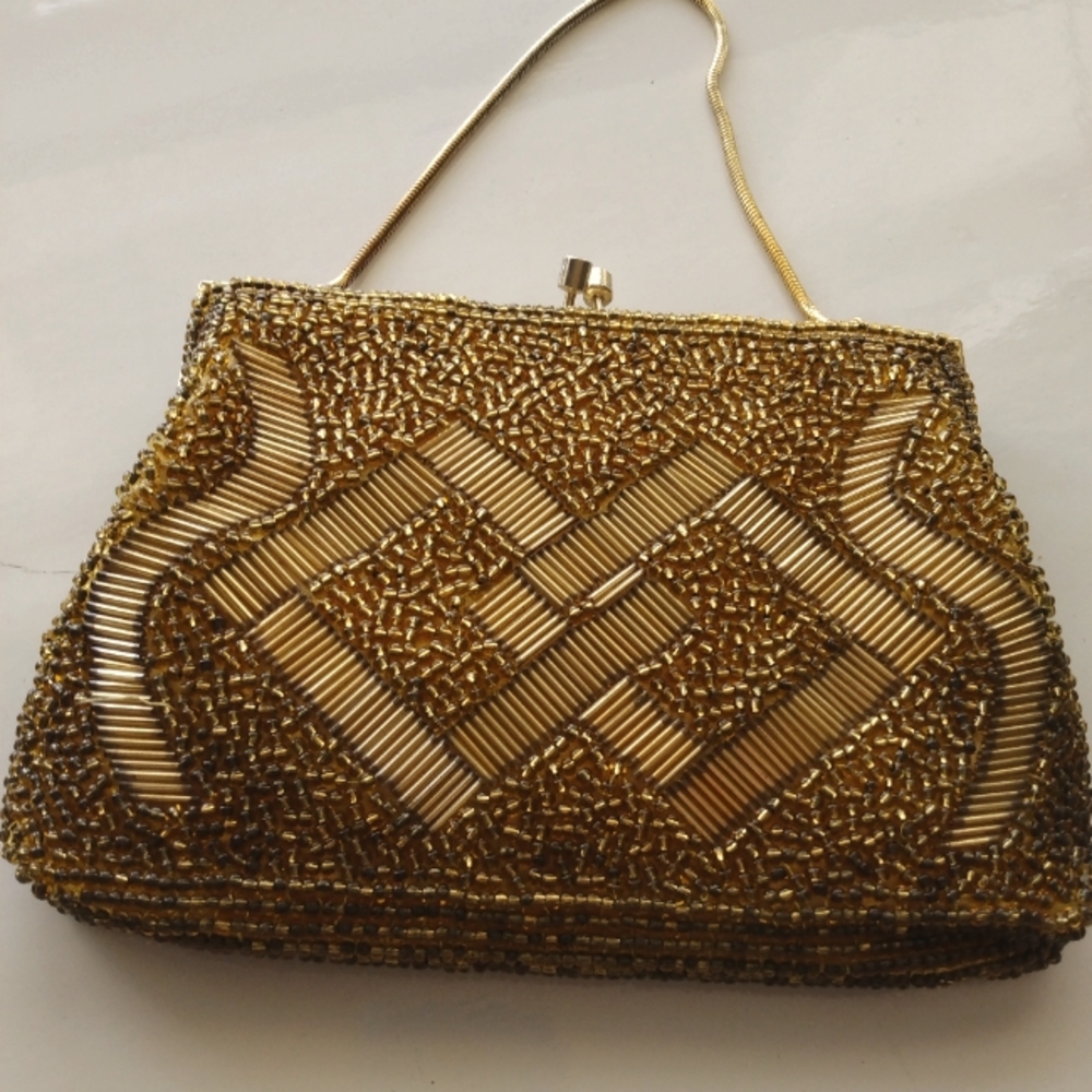 Gold Beaded Art Deco pattern Bag Evening Purse Clutch Vintage Antique Fashion